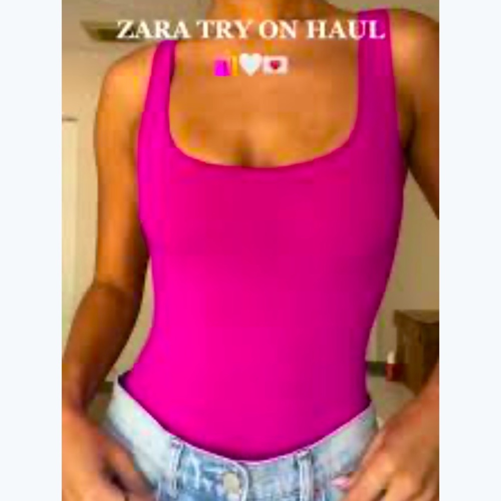 New ZARA Barbie Hot Pink Bodycon Stretch Cheeky Bodysuit Top S Small